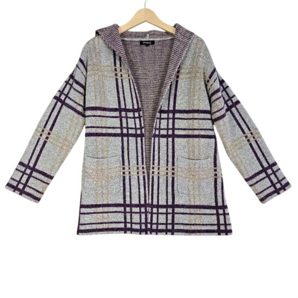 Papa Vancouver Women's Plaid Hooded Cardigan Open Front Knit Grey Purple Small